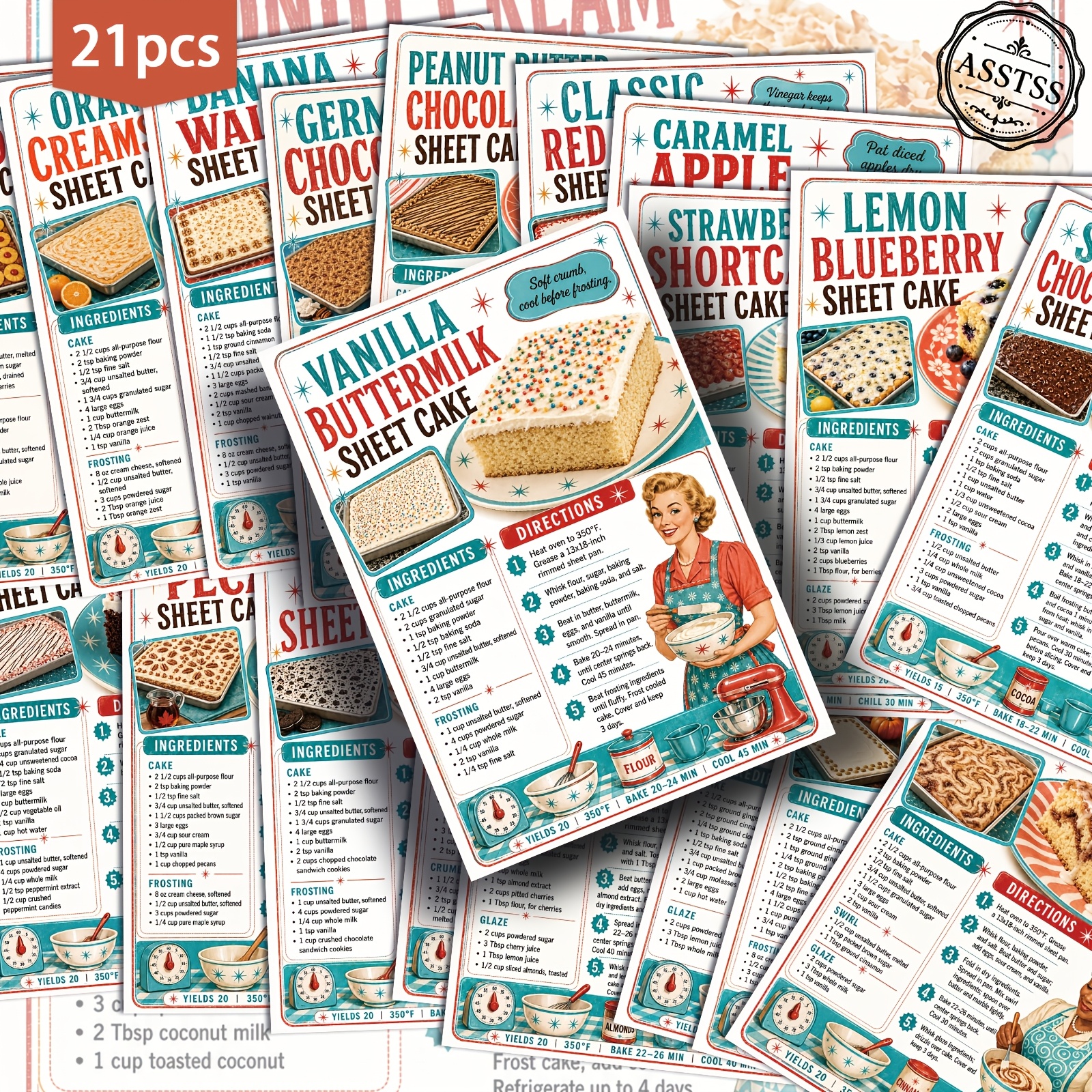 TEMU 21-pack Asstss Vintage Recipe Postcards Suitable For Scrapbooking & Crafting - Retro Pinup Illustrations, Personalizable Cake Recipe Cards With