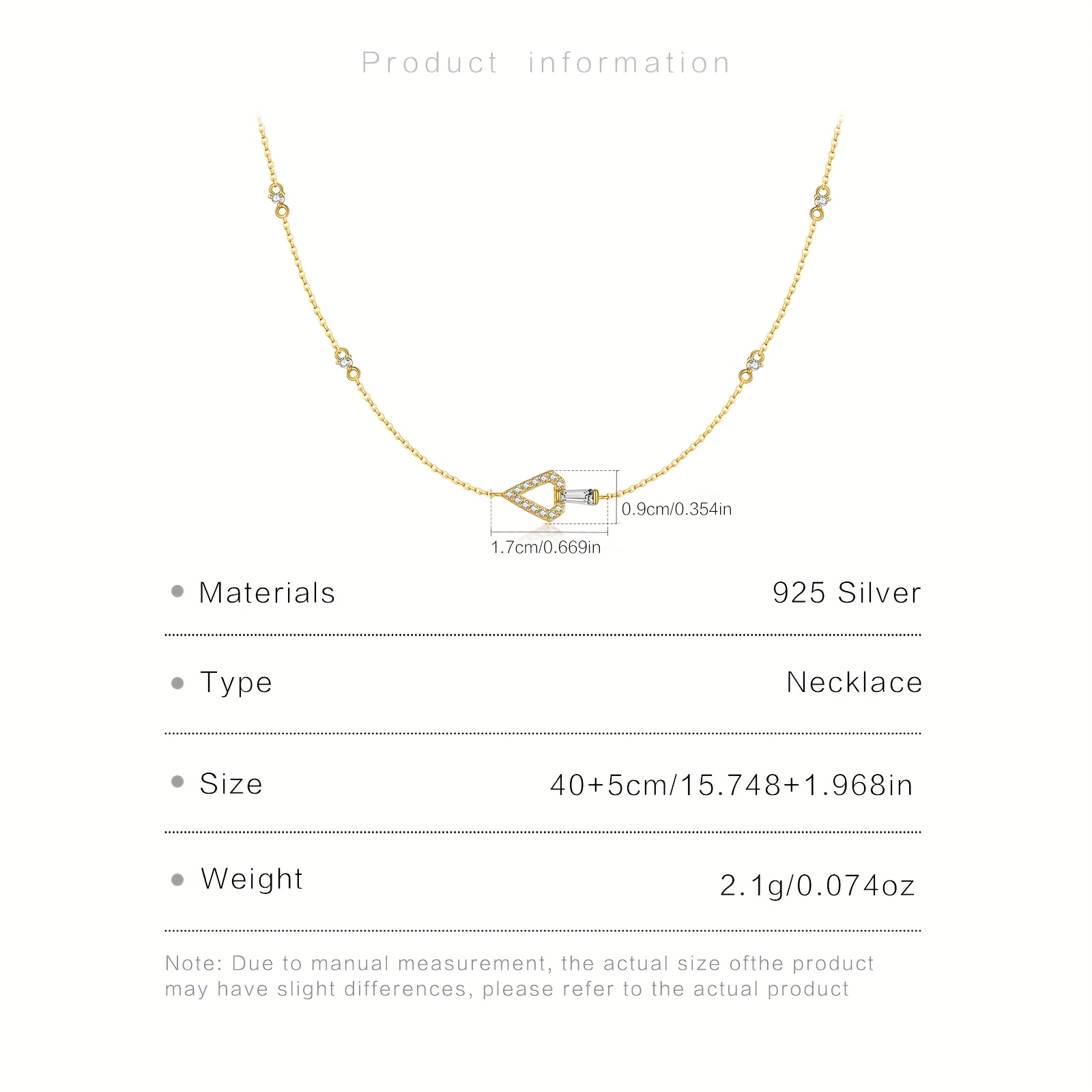 925 Silver Necklace Golden Plated Triangle Pendant