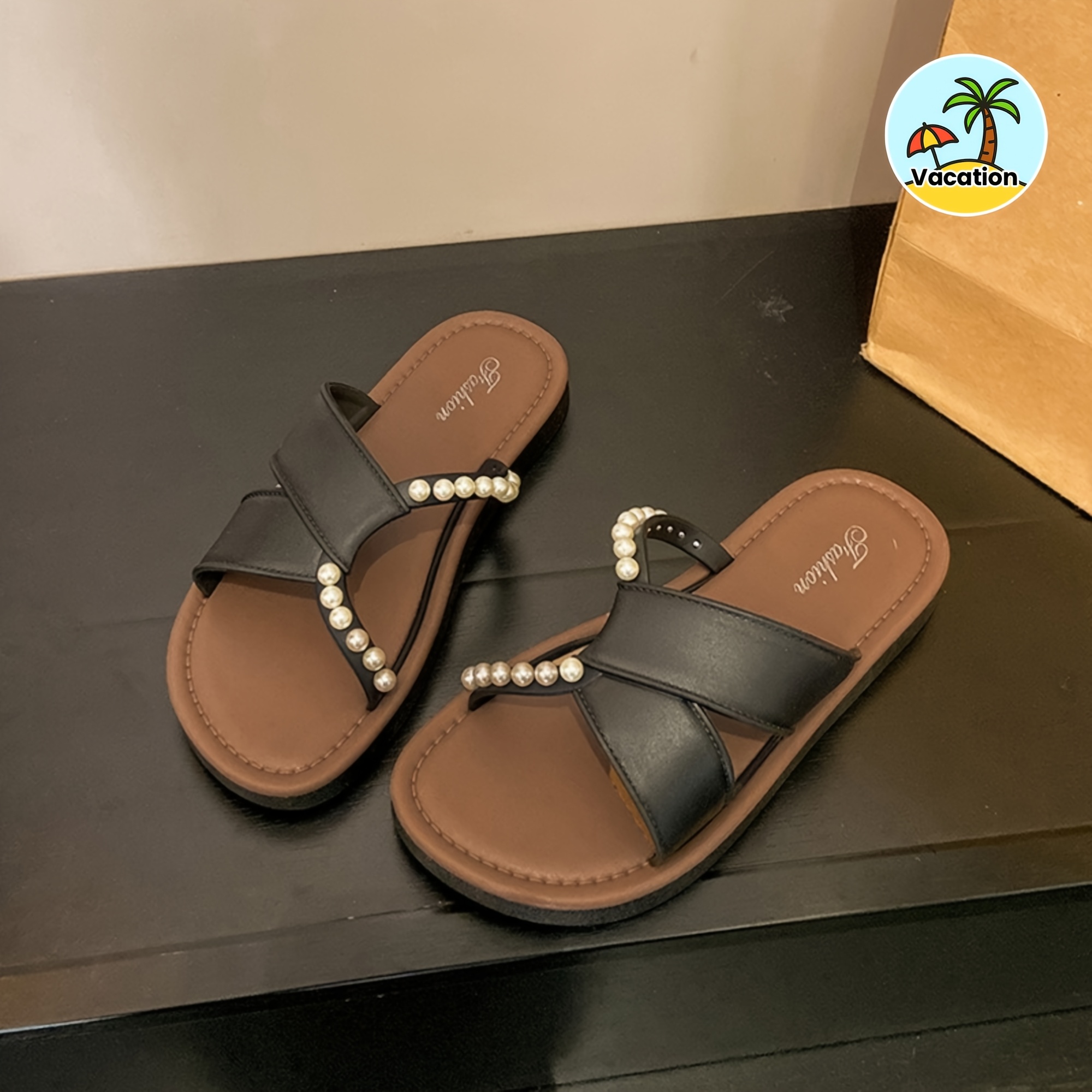 Image of Women'-tone Slippers, Fashionable Pearl For Summer , Comfortable Flat Sandals, Casual Stylish Beach Sandals For Women, Lightweight Round-toe Home Slippers For Women, Women Shoes