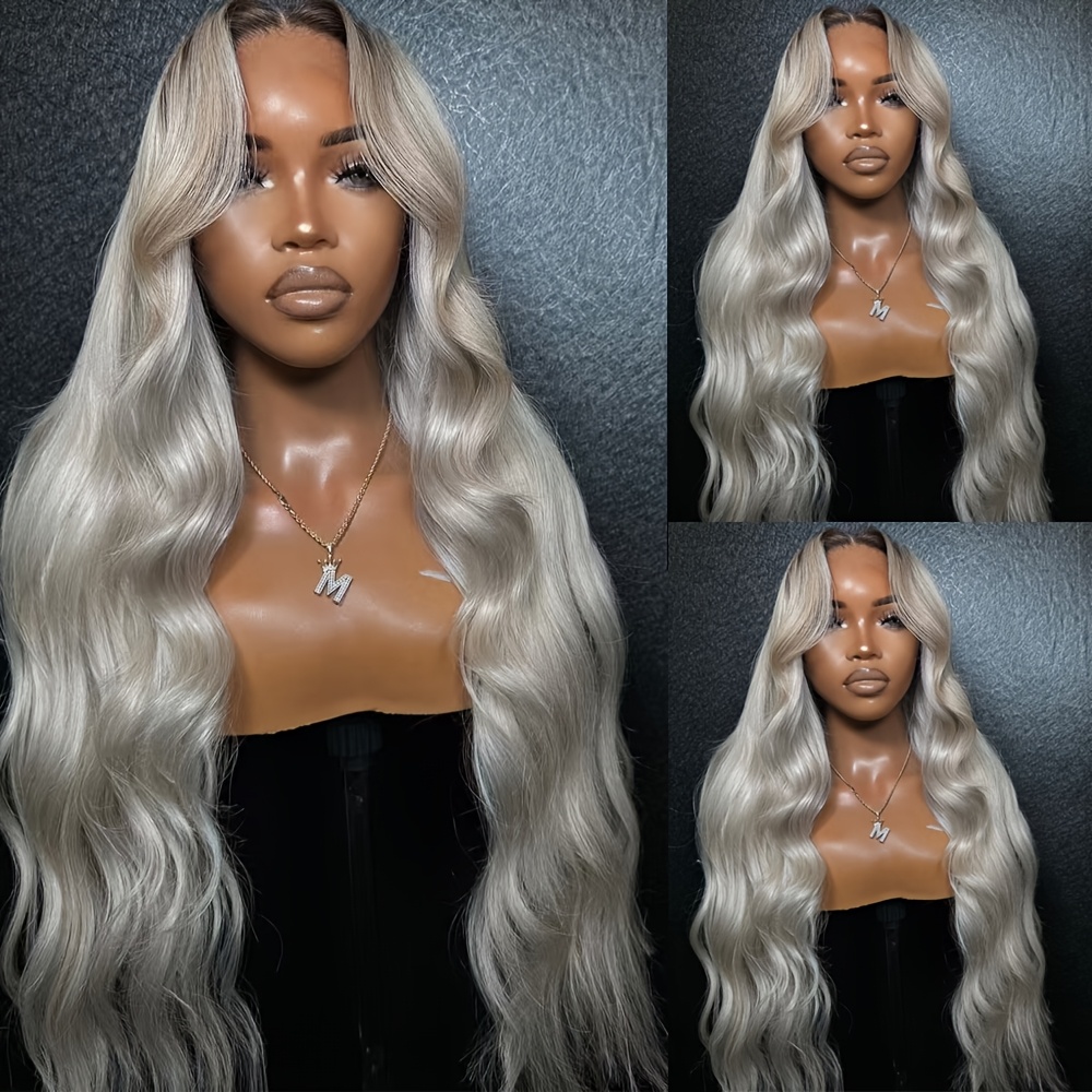 Women' Glueless Lace Front Wig Suitable For - Preplucked Hairline Long Wavy Synthetic Hair Wig With Body Wave, Ombre Grey Color Transition & For Dreadlock-compatible Styles