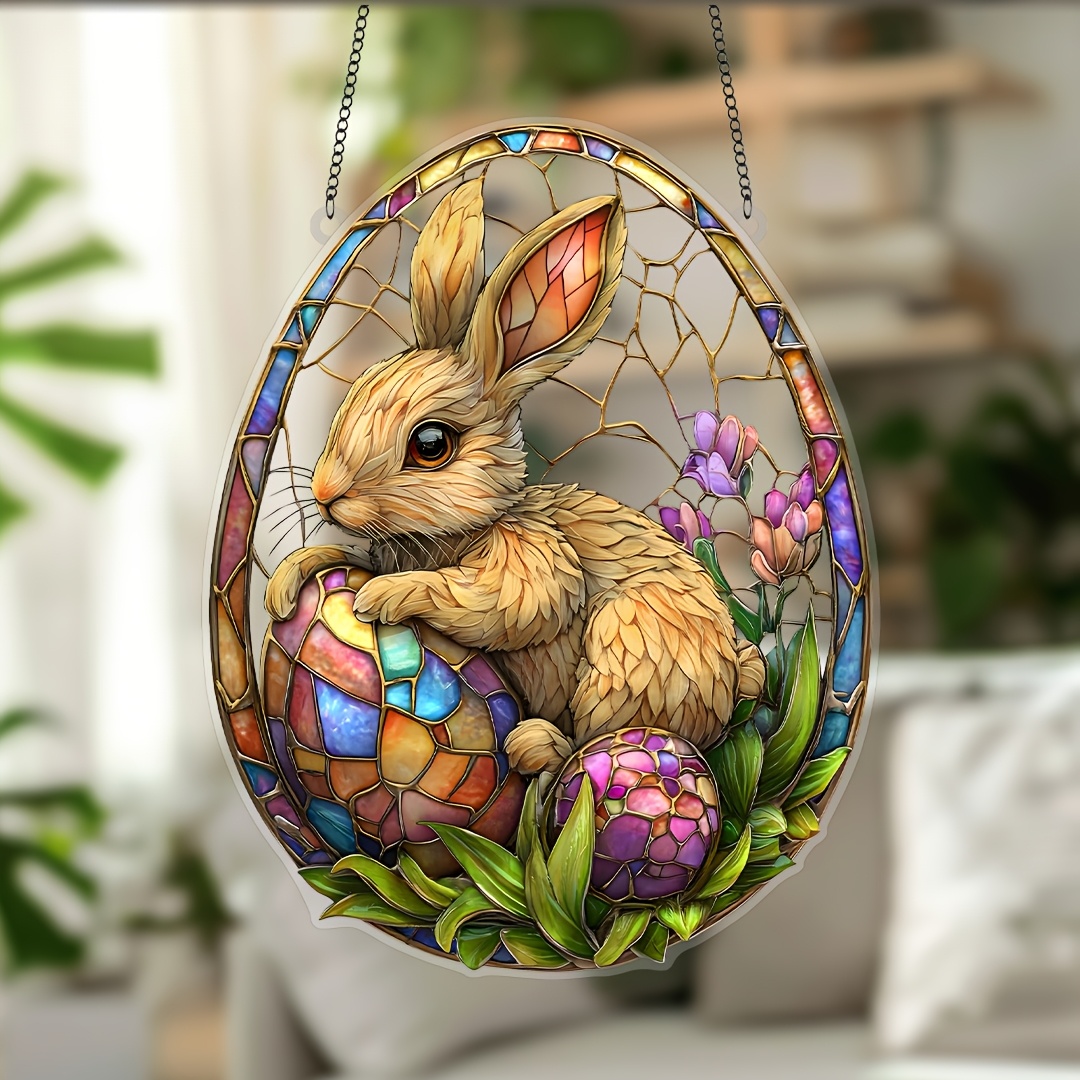 

1pc Easter Bunny Rabbit Suncatcher, 9"" Art Acrylic Stained Window Hanging, Animal Theme Wall , Indoor Orientation, Wall Mount Decor For Bedroom, Unique Gift For Mom And Women