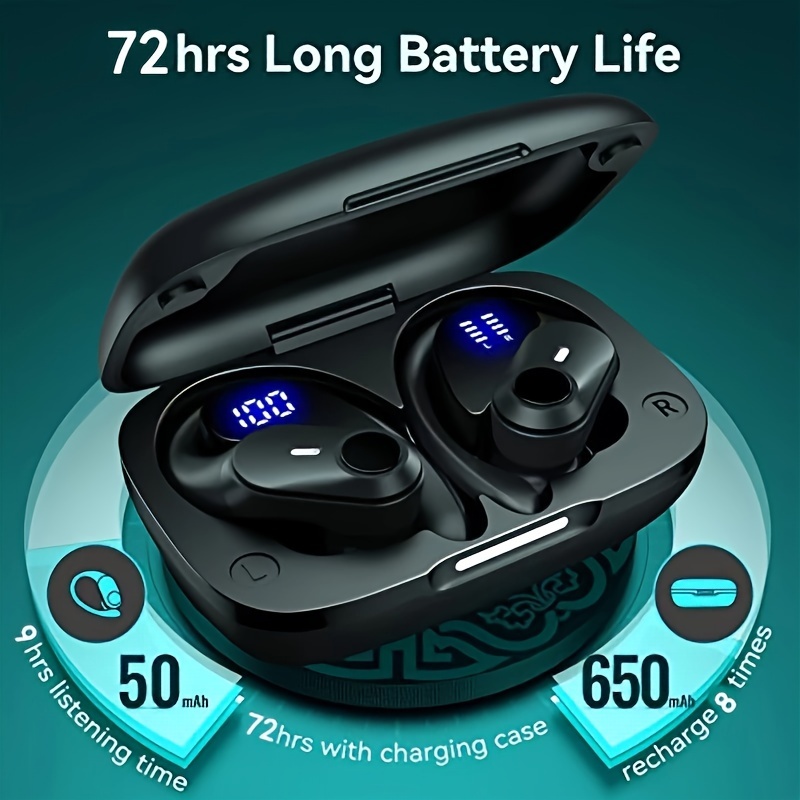 

T59 Headphones Wireless Earbuds Playtime Wireless Charging Case Digital Display Sports Ear Buds With Earhook Premium Earphones Black