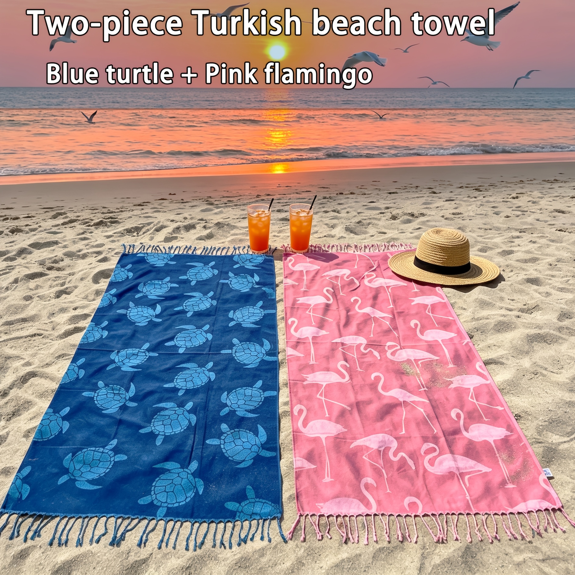 TEMU 2pcs, Turtle And Flamingo Pattern Turkish Beach Towels, Lightweight And Soft, Extra Large Xl Size, Super Absorbent And Quick-dry Towel For Cloud