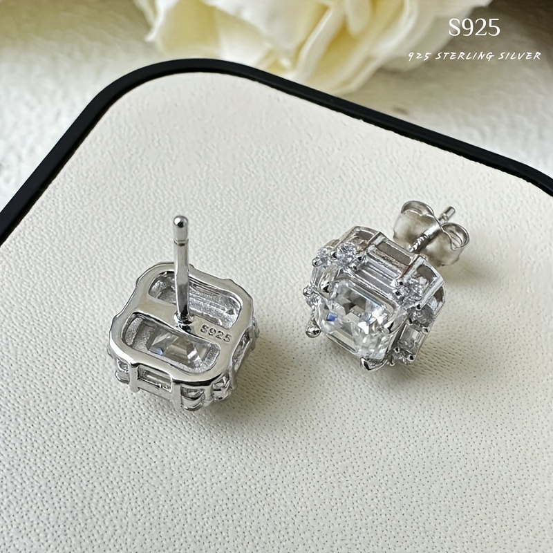 TEMU 1 Pair S925 Sterling Silvery 1 Carat Square Moissanite Stud Earrings, Synthetic July Birthstone Fashion Jewelry