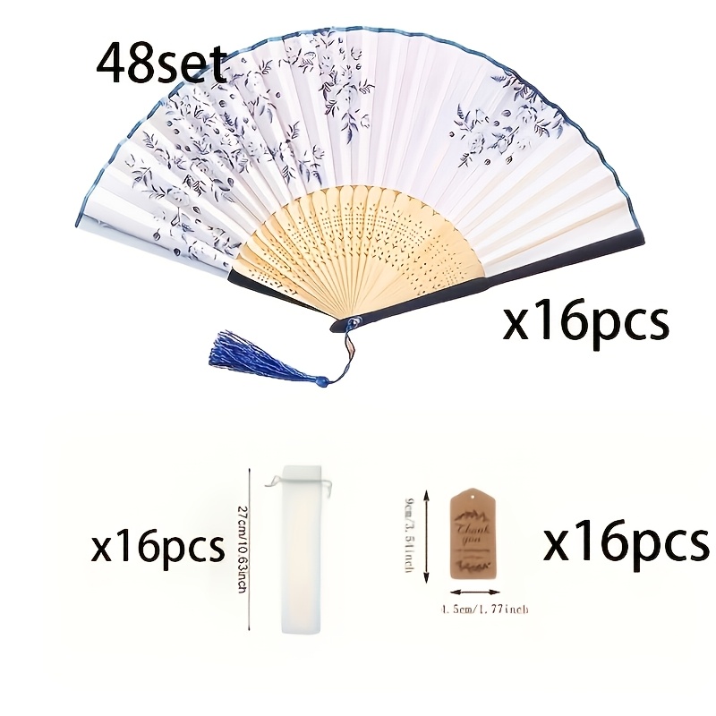 TEMU 24sets/48sets Custom Engraved Chinese Folding Fans - Personalized Pattern Cloth Fans, Classical Oriental Floral Decor (blue And Pattern Designs)