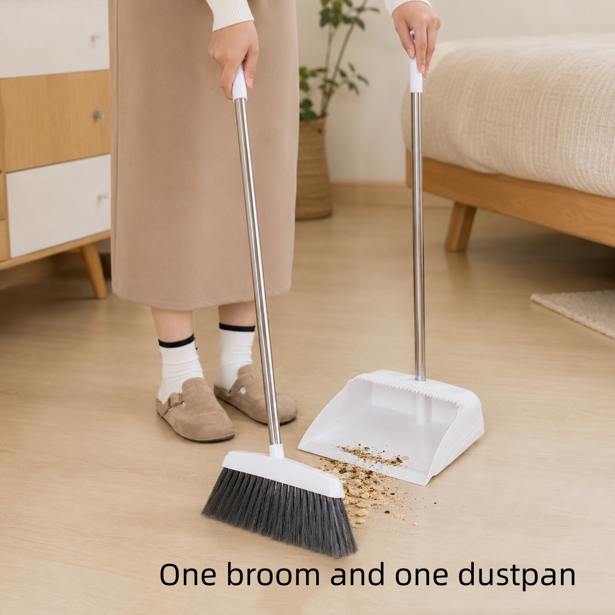 TEMU 2pcs Long-handle Broom And Dustpan Set, With Soft, Dense Plastic Bristles. Suitable For Cleaning Floors, Durable And Lightweight. Ideal For