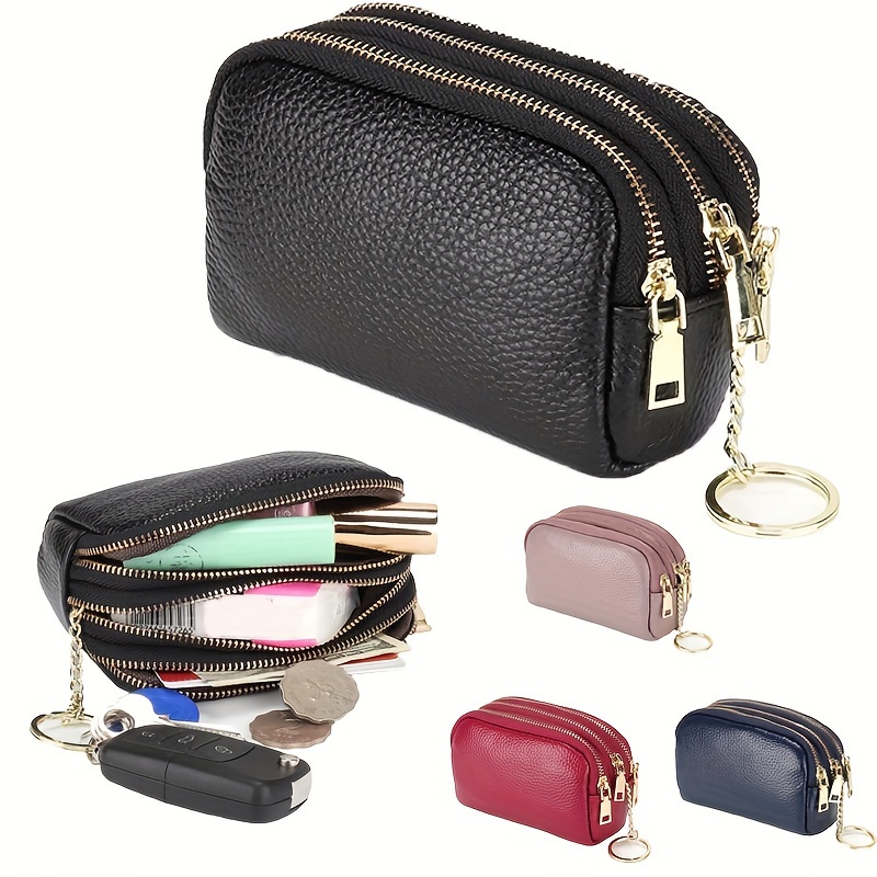 

Genuine Leather Women' - Chic Mini Coin Purse & Card Holder With Triple Zipper, Key Ring & Coin Organizer - In Black, Brown, Navy Blue - Ideal For Daily Use, Cute Wallet