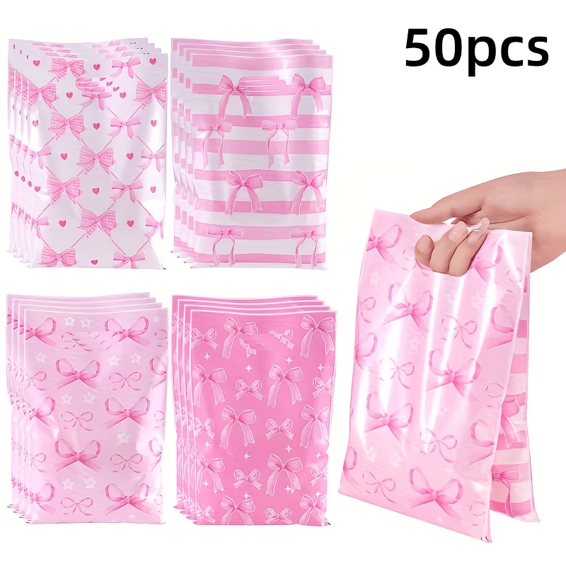 TEMU Gift For Her/him 50pcs Of Pink Bow Plastic Gift Bags For Him/her | 4 Adorable Mixed Party Tote Bags With Handles, Made From Durable Pp Material,