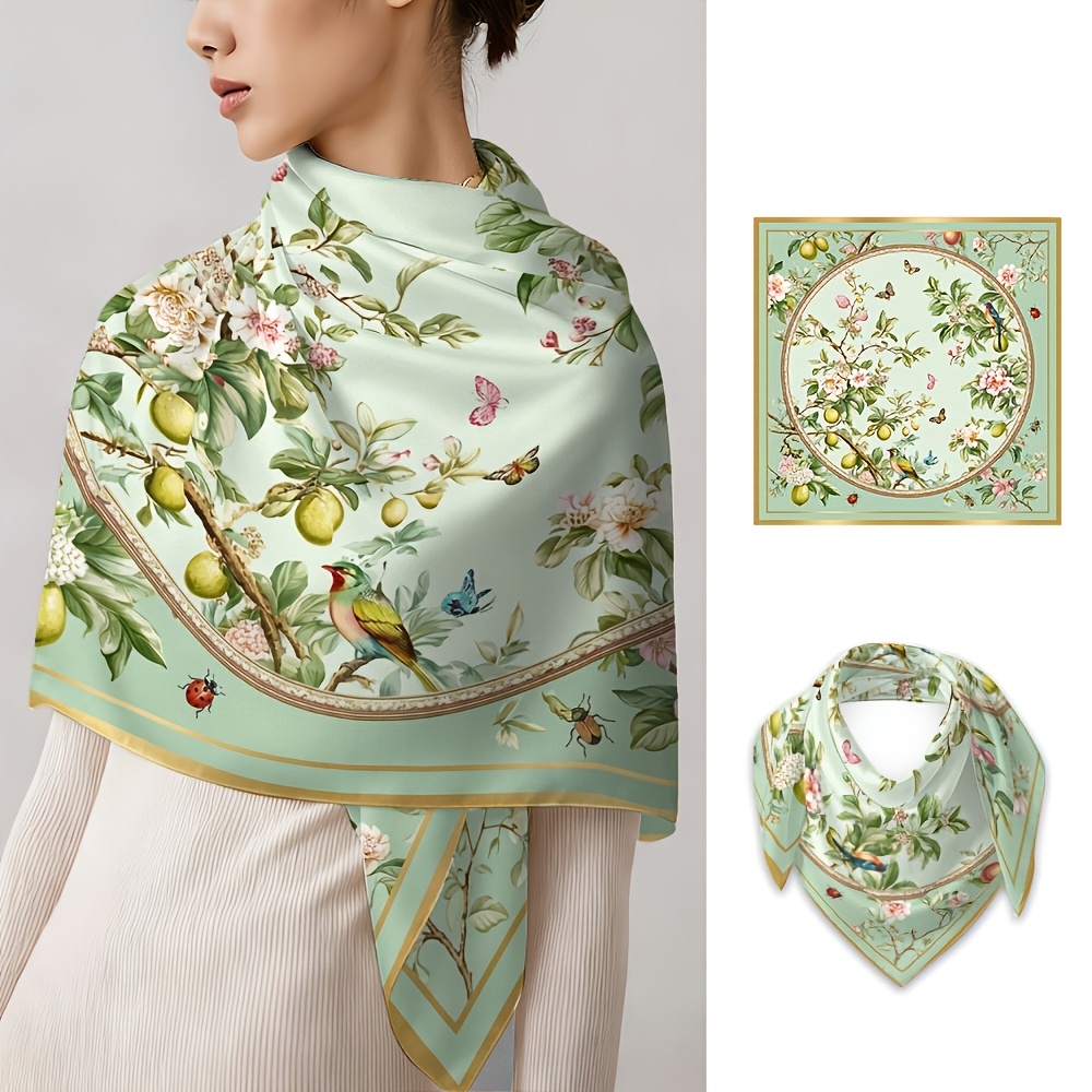 TEMU Women's Vintage Lemon & Botanical Scarf - Lightweight Square Headwear Suitable For Outdoor Casual Wear, Multi-functional Hair Bandana, -