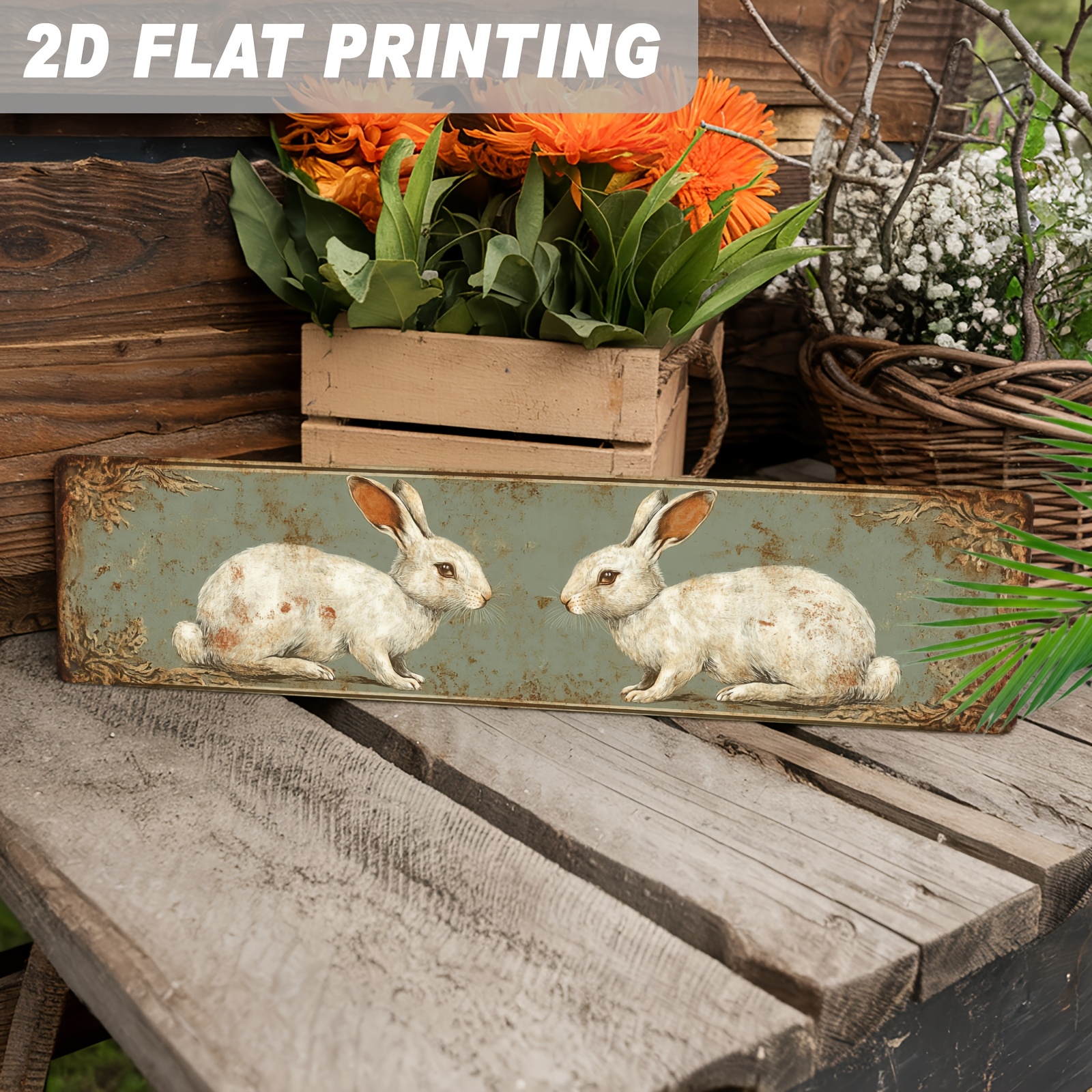 TEMU 2d Flat - 1pc 2d Flat 2 White Rabbits Facing Metal Sign | Vintage Wall Hanging Farmhouse Style Decor For Bedroom, Living Room, Easter Decorative