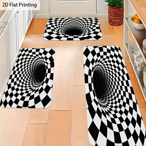 item picture 2d flat optical illusion checkered flannel anti slip rug set soft and cozy for versatile and visually appealing atmosphere for indoor outdoor use bedroom bathroom living room hallway 2d flat