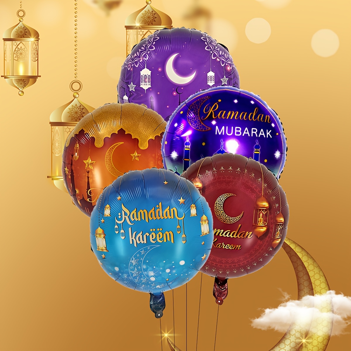 

5pcs Ramadan & Ramadan Aluminum Film Balloons, 18 Inch, Round Balloons For Eid Celebrations, Month Decorations, With No Electricity Needed For 14+