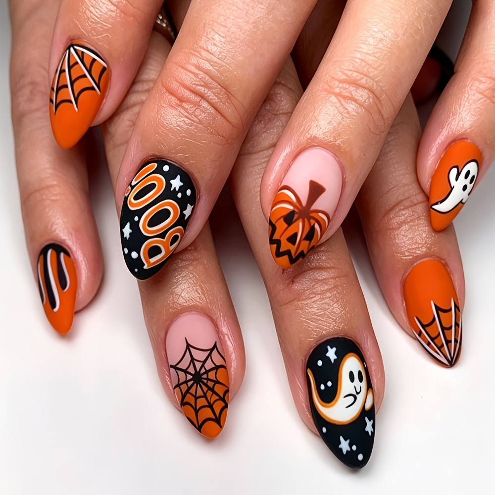 TEMU 30pcs Black And Orange Pumpkin Almond Press-on Nails, Halloween Matte Atmosphere Nails, With Nail Tools And Halloween Decoration Combinations
