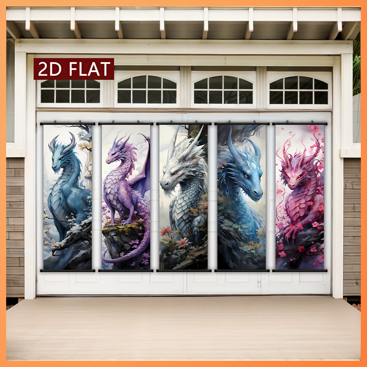 TEMU 2d/flat - 5pcs Retro Scroll Art Set With Plastic Frame: Mythical Dragon Wall Decor For Living Room, Bedroom & Office | Handcrafted , No