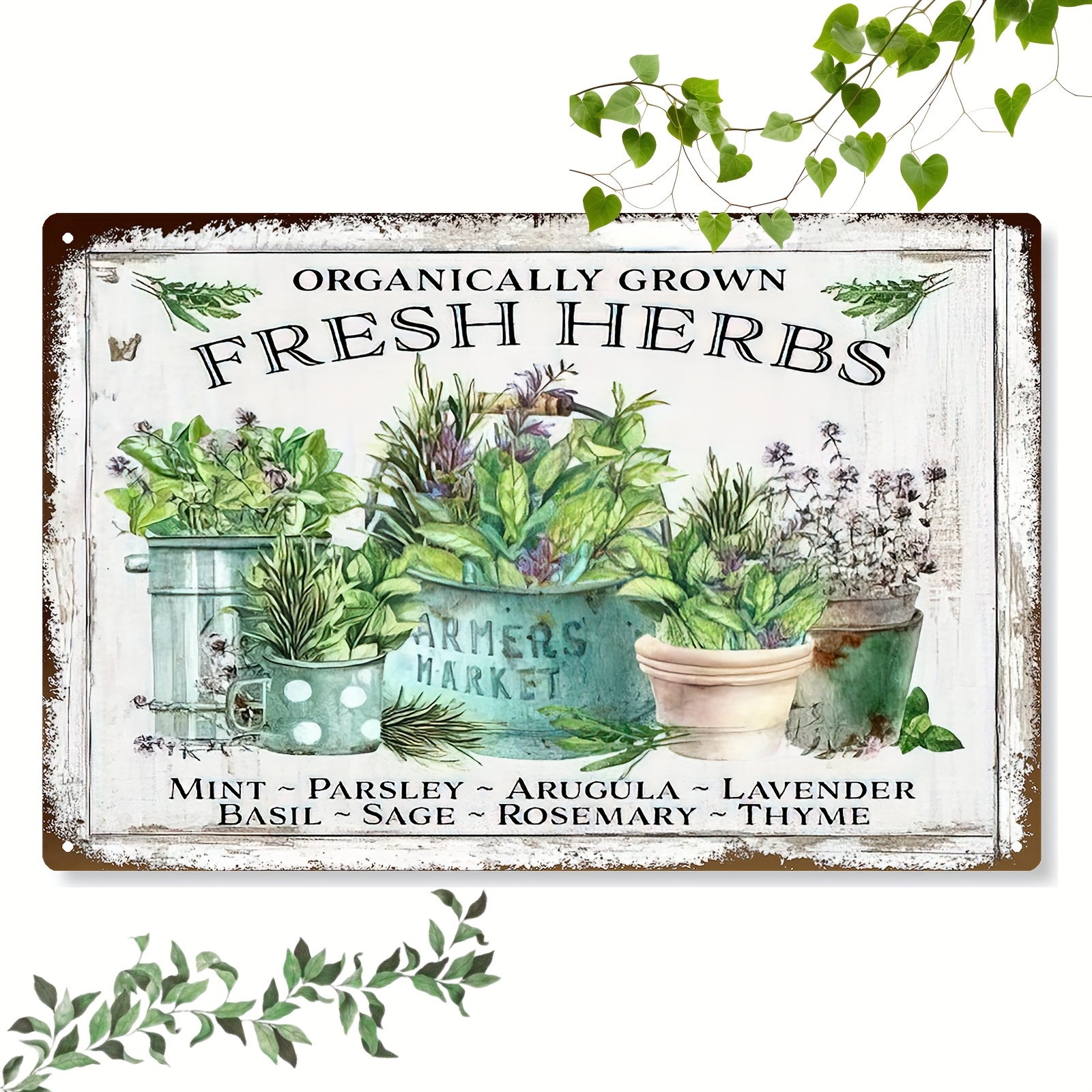 Image of 2d Flat - 1pc 2d Flat Metal Sign | Fresh Herbs From ', 8*12inch/20*30cm Rustic Decor With Mint, Parsley, Basil & More, Perfect For Home, Kitchen, Garden, Bar, Cafe & Holiday Gifts