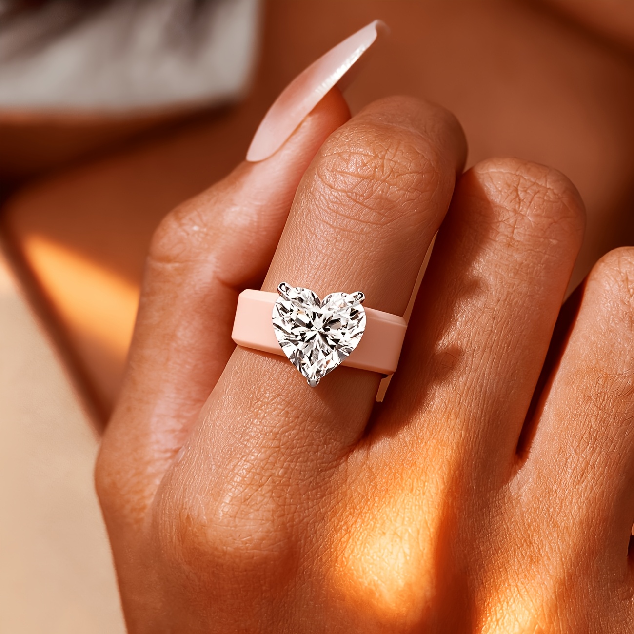 14K Gold-plated Khaki Silicone Ring with Heart-shaped CZ