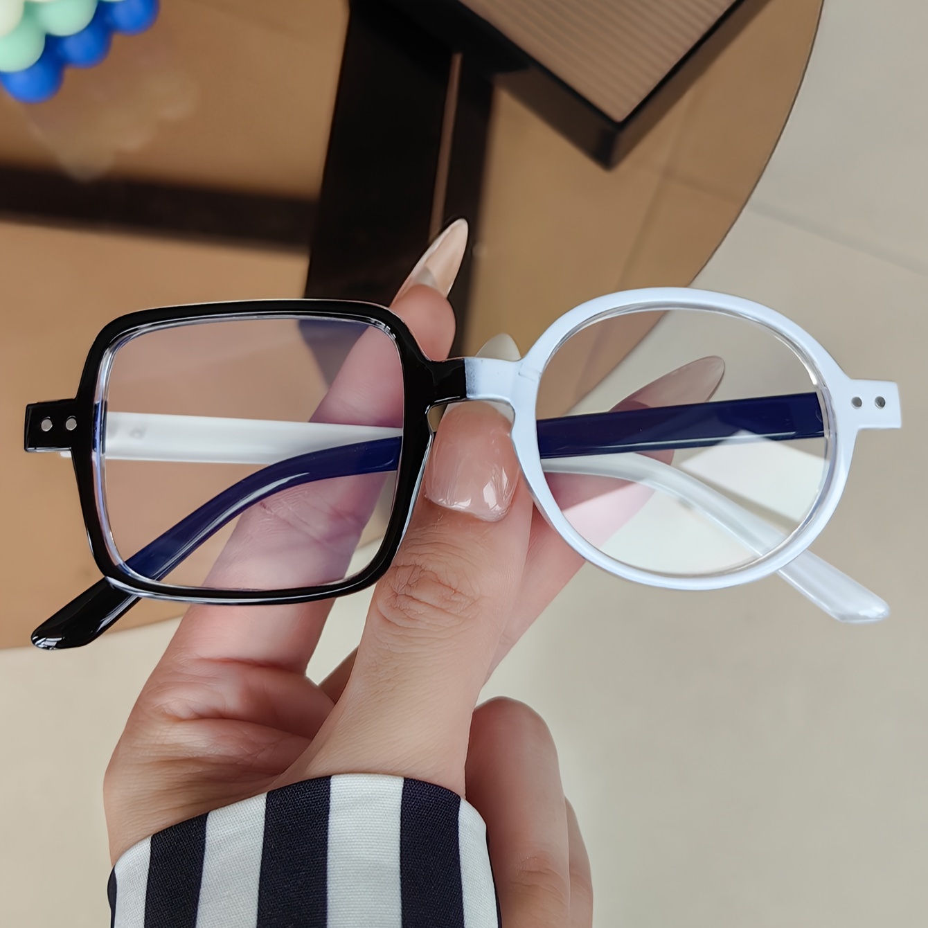 Left Square Right Round Fashionable Individual Trendy Plain Glasses, Trendy All-match Influencer Selfie Glasses