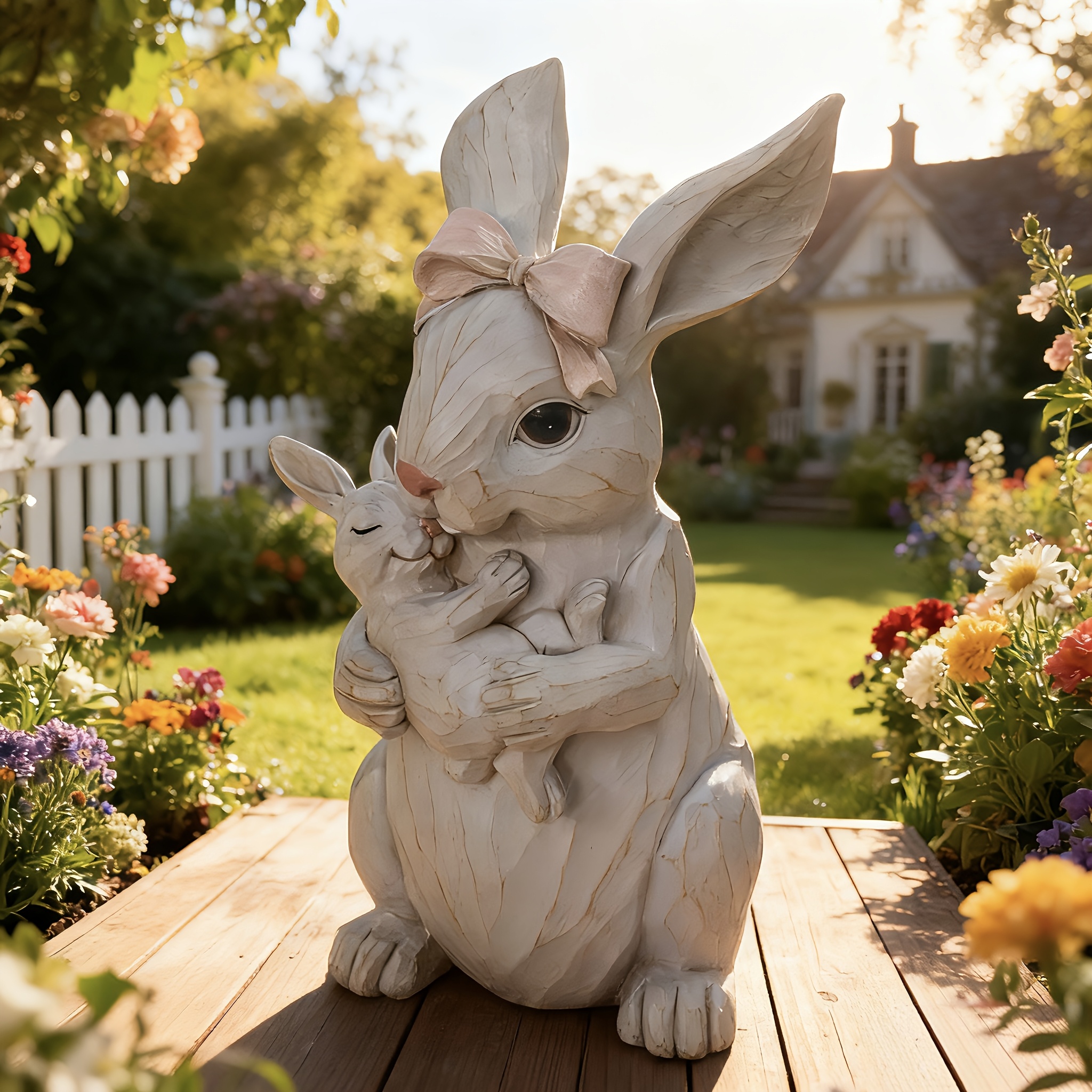 Image of French Retro Distressed Style Mother And Son Rabbit Ornament, Resin Material , Gentle Bow White Rabbit Embracing Young Rabbit, Pastoral Countryside Style Tabletop Decor, Bedroom Dressing Table Decor