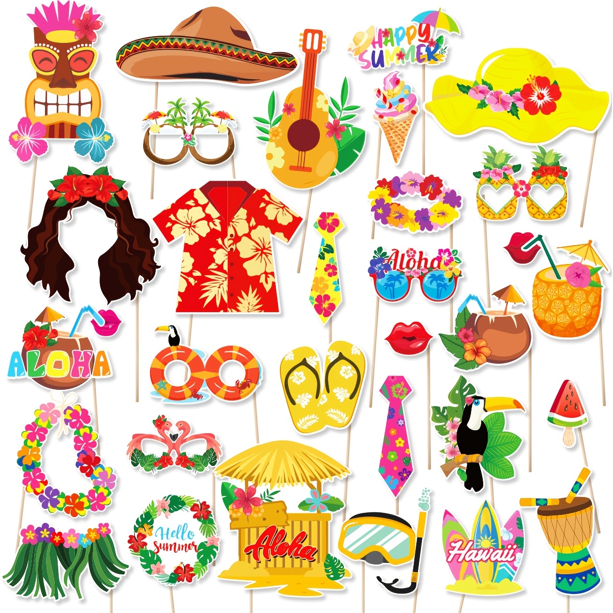 Image of 30pcs Hawaiian-themed Photo Booth Prop Set | Aloha Tropical Birthday Summer Beach Pool Decoration Party Supplies & Guitar Decorations, Paper Material, Perfect For Halloween & Christmas