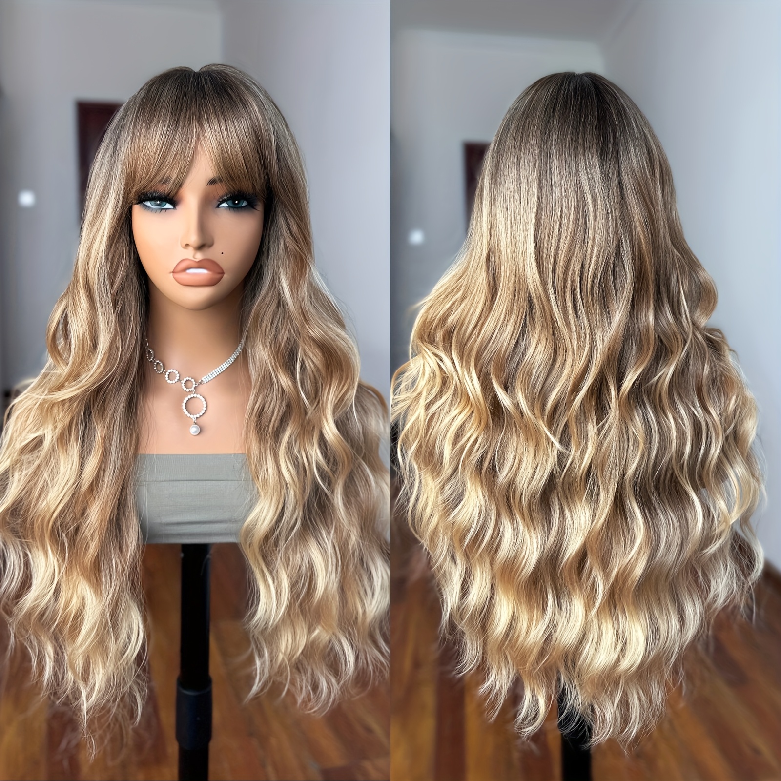 26 inch long wave synthetic wig bangs beginner Temu Kuwait