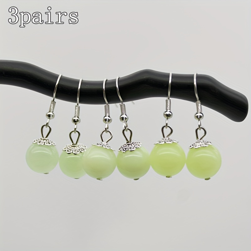 

3 Pairs Vintage Green Light, Blue Light, Light Glow-in-the-dark Beads Earrings, Simple 12mm Round Beads Luminous Dangle Earrings For Women Men Music Festival Jewelry