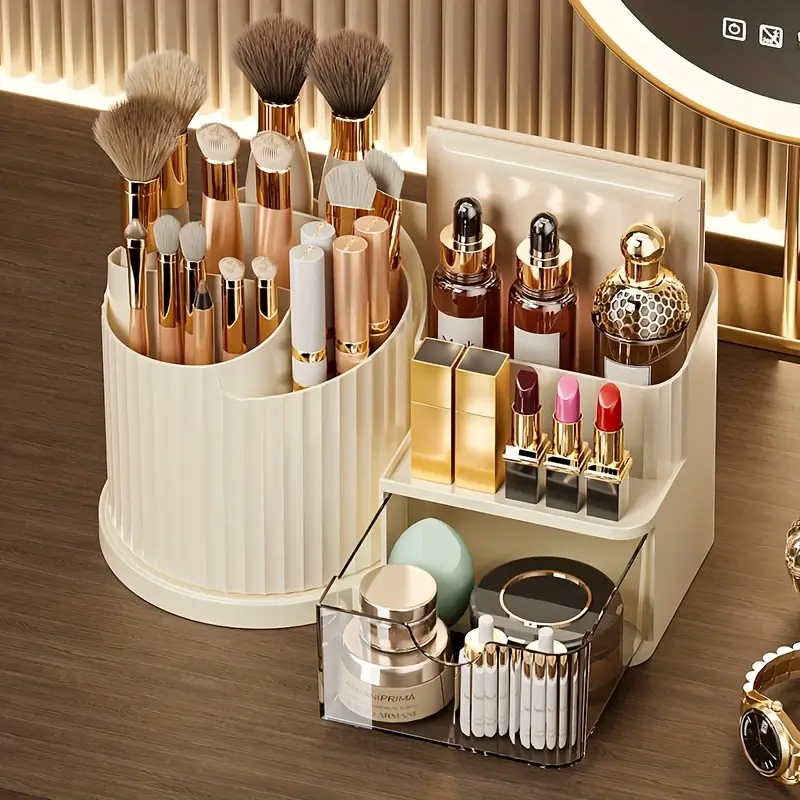 360 rotating makeup organizer with brush holder drawer makeup vanity organizer with brush storage lipstick office stationery space saving countertop organizer no power needed elegant bathroom desk durable plastic construction bathroom storage polished home organizers Product details 9
