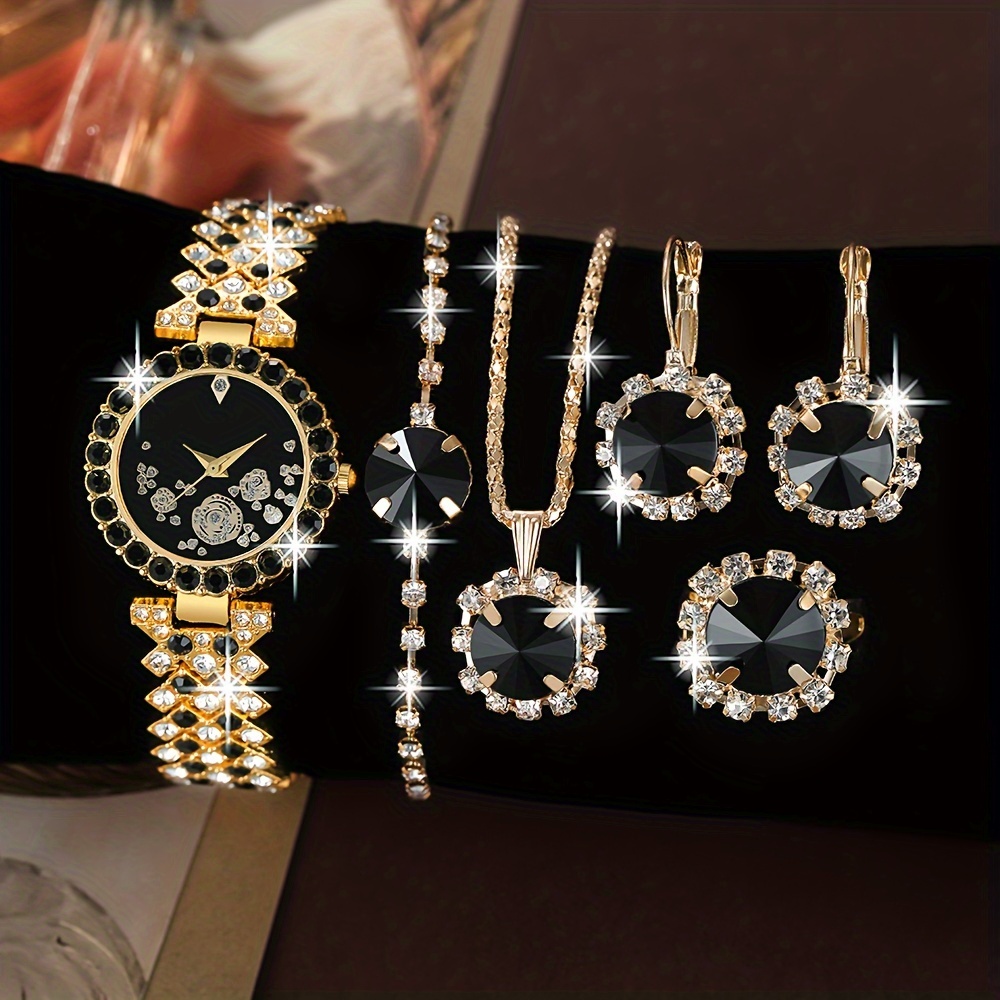 

6 Pcs Black Round Rhinestone Quartz Watch Alloy Strap Alloy Pointer Alloy Case And Rhinestone Bracelet Necklace Earrings Ring Jewelry For Women