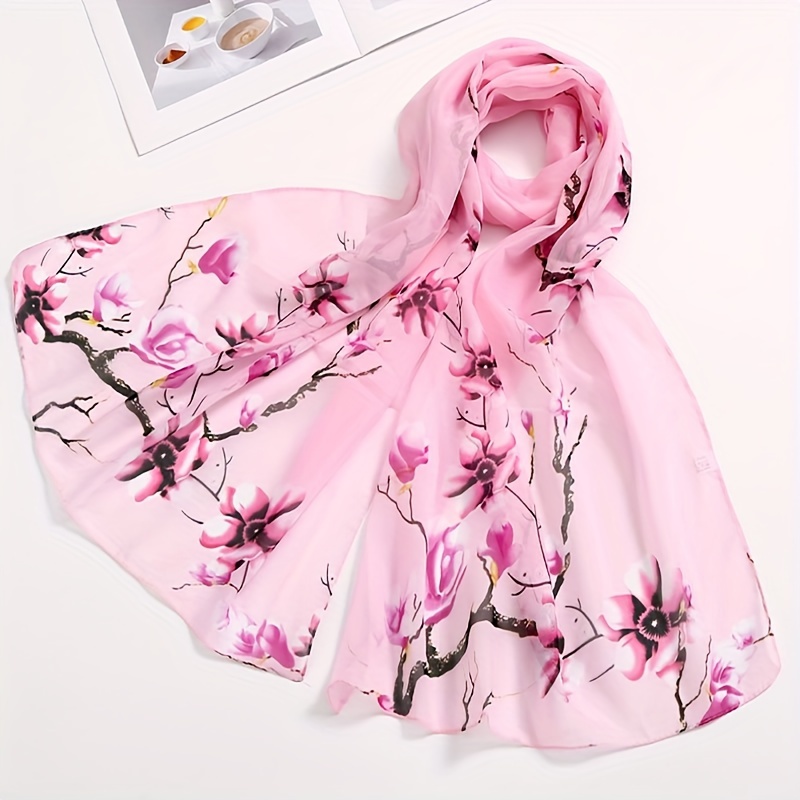 

Elegant Floral Print Scarf, Lightweight Breathable Polyester Shawl, Windproof Sun Protection Travel Accessory, Woven 100% Polyester Scarf With 50g/m² Fabric Weight