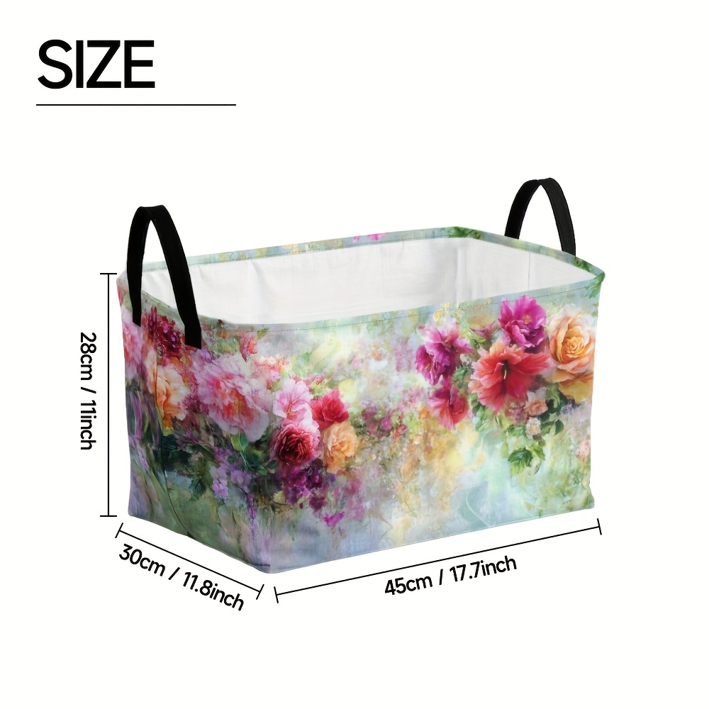 TEMU 1pc Watercolor Floral Print Collapsible Storage Hamper With Handles – Vibrant Rose & Design, Space-saving Organizer For Living Room, Bedroom,