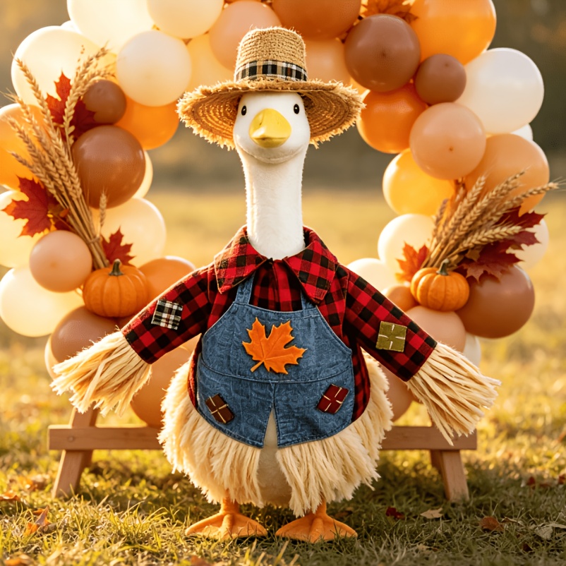 TEMU 23-inch Porch Goose Outfit, Red Shirt, Denim Suspenders With Maple Leaf Patterns, Straw Hat, Harvest And Thanksgiving Yard Outdoor Decorative