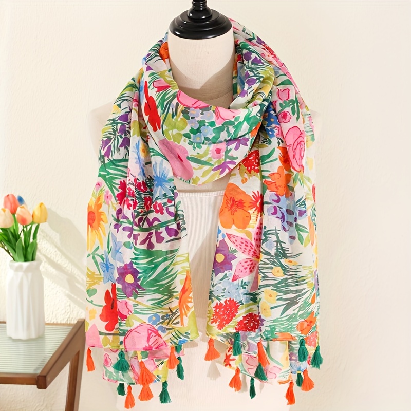 

Tropical Plant Print Scarf, Elegant Style Thin Breathable Shawl With Tassels, Summer Sunscreen Beach Towel For Women