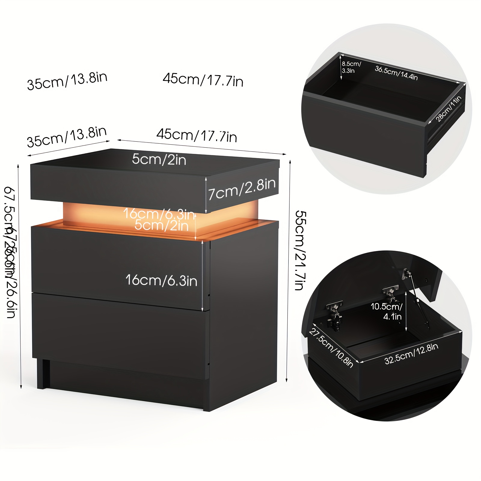 Led Bedside Table With 2/3 Drawers And Drawer, Bedside Cabinet With 4-side High Gloss, Rgb Led Colours, Side Table Nightstand For Bedroom Living Room Home Furniture, Black