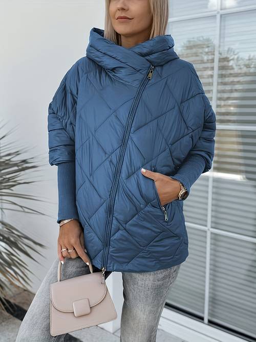 Women S Winter Jacket - Elegant Cold-Proof Coat with Zippered Pockets, Batwing Sleeves, Fit for Everyday & Formal Events - Chic Outerwear in Navy Blue/other - Women S Outerwear, Seasonal Fashion, Quilted Design, Durable Construction, Stylish Coat, Office Wear, Curvy Jacket For Women, Winter/elegant Coat For Women