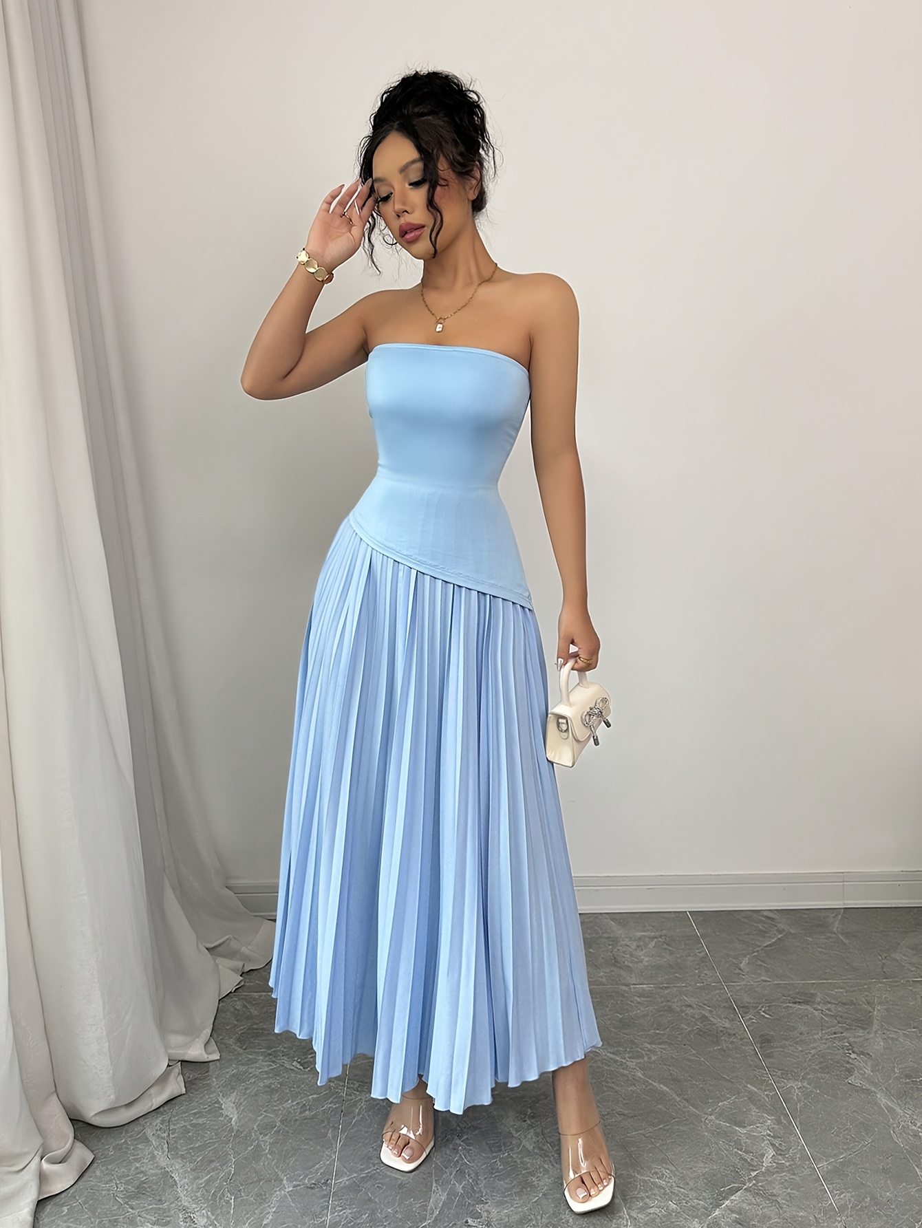 women' blue pleated strapless dress a line flared hem Temu Ireland