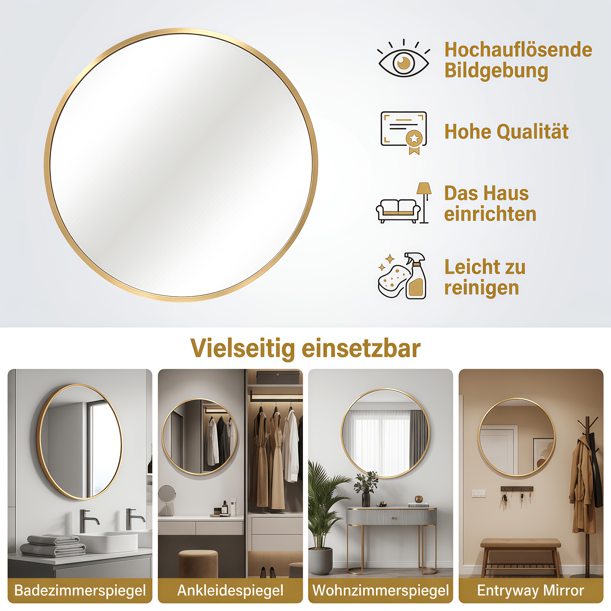 Wall Mirror - Golden - 20cm , Thick Frame, Metal Frame - High-quality Tempered Glass, No Deformation, Scratch Resistant - Suitable For Bathrooms, , Living Rooms -