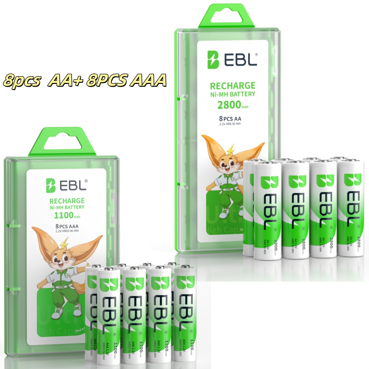 E-shop EBL Batterien Kombi-Set, AA 2800mAh (8 Stück) und AAA 1100mAh (8 Stück), Hochkapazität vorgeladene Ni-MH-Batterien
