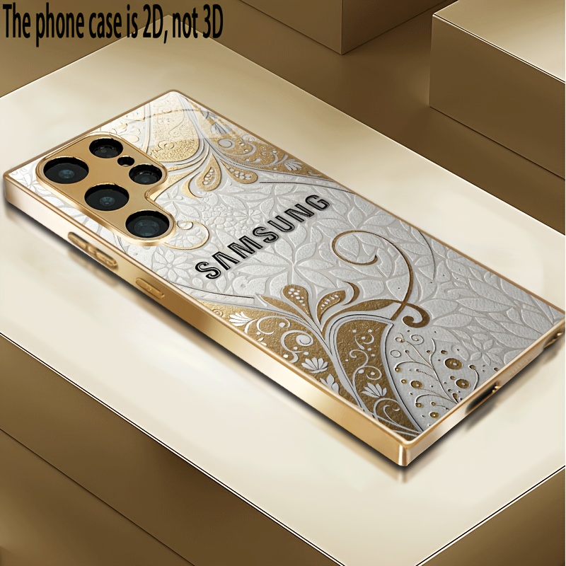 TEMU Phone Case - 2dflat Luxurious Golden Tempered Glass Phone Case Suitable For S25/s24/s23/s22/s21/s20/a13/a14/a32/a33/a34/a52/a53/a54/a72/a73, ,