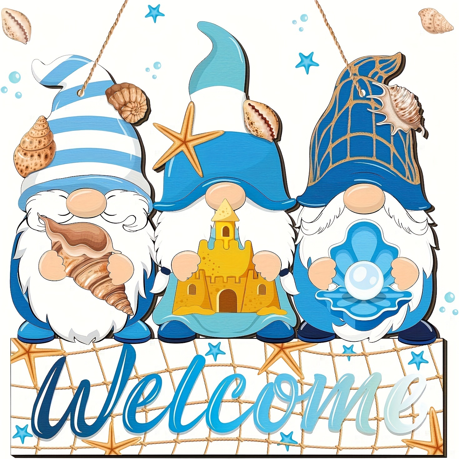 Image of Summer Welcome Sign, Nautical Beach Wooden Gnome Hanging Ornament, Starfish Ocean Decor - Farmhouse Outdoor Home Decoration, Type: Ornaments, Main Material: Other