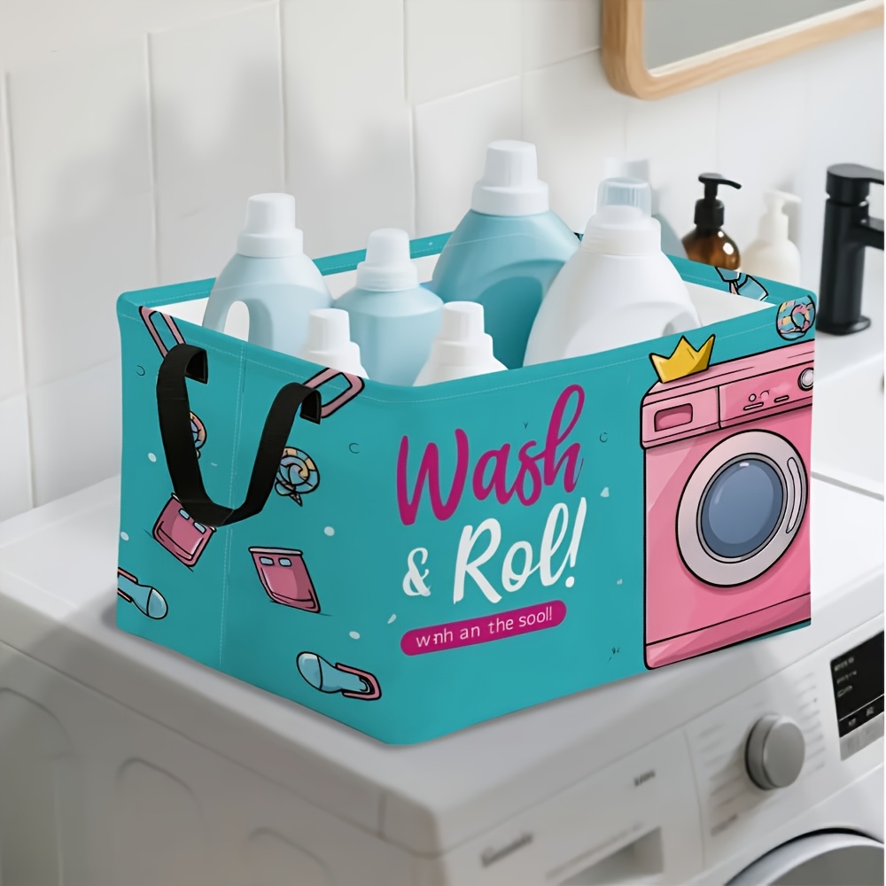1pc, Wash And Roll Machine Pattern Square Laundry Hamper With Lid, Portable Square Design, For Laundry Organization, Shelf Baskets