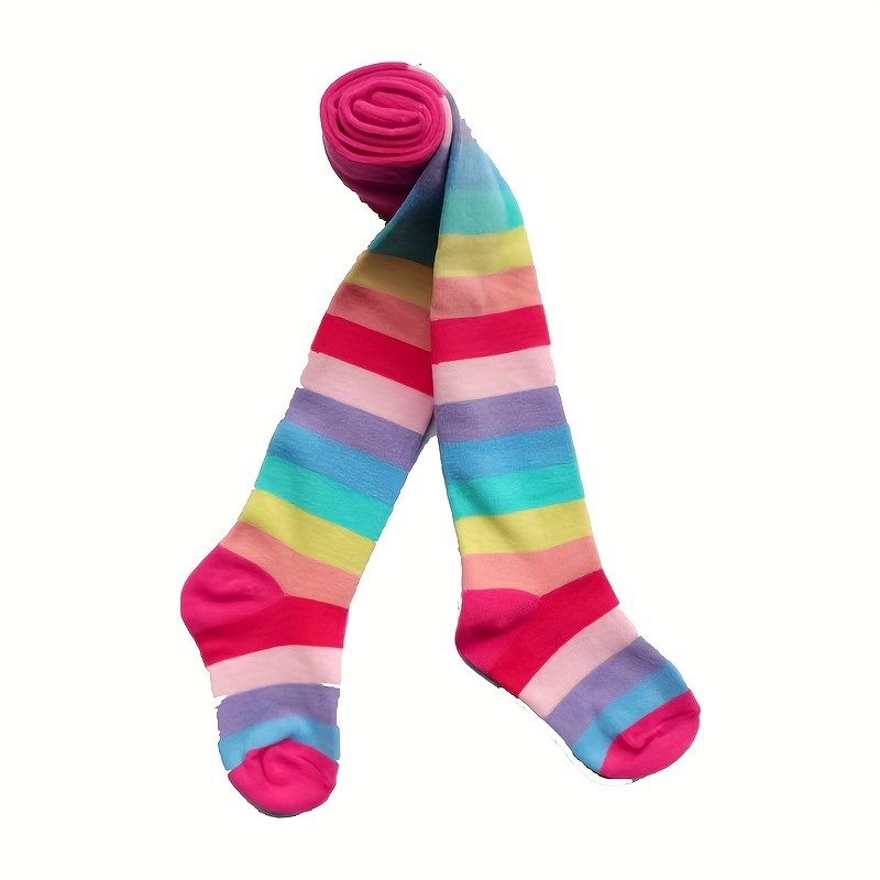

A Pair Of Kid's Cotton Blend Rainbow Color Stripe Pattern Pantyhose, Comfy And Breathable Pantyhose For Daily Wearing