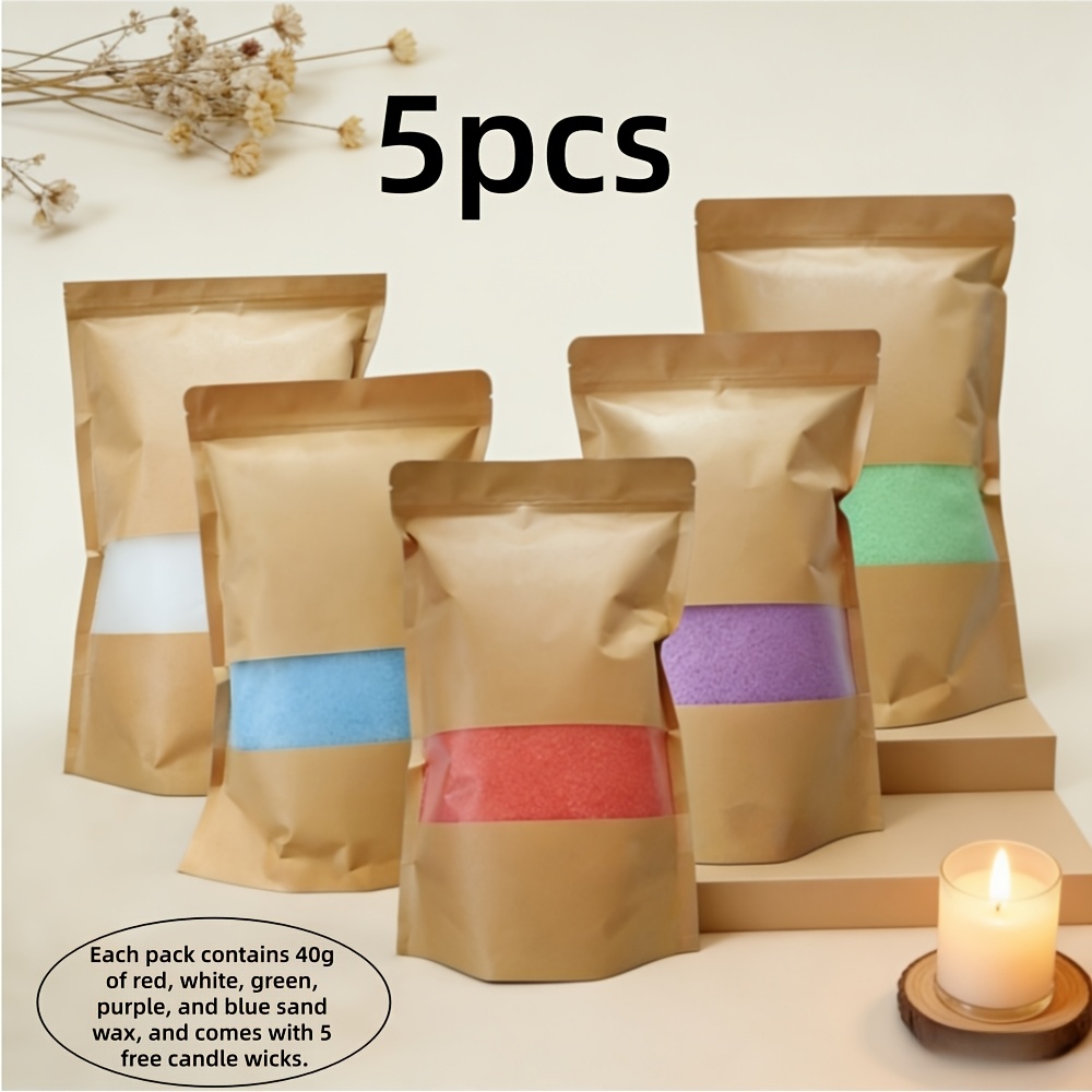 TEMU 5pcs Diy Colored Sand Wax Kit, Available In Red, White, Blue, Green, And Purple. Includes 5 Wicks. Suitable For Home Decor, Weddings, Holiday