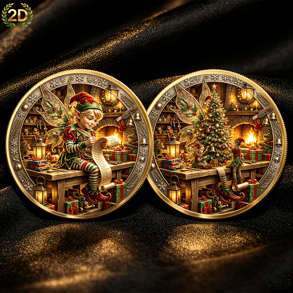 TEMU Pièce commémorative 2D 1 pièce en imprimée à plat, pièce cabane d'hiver douillette avec elfe de Noël, ornement de bureau, cadeau artisanal