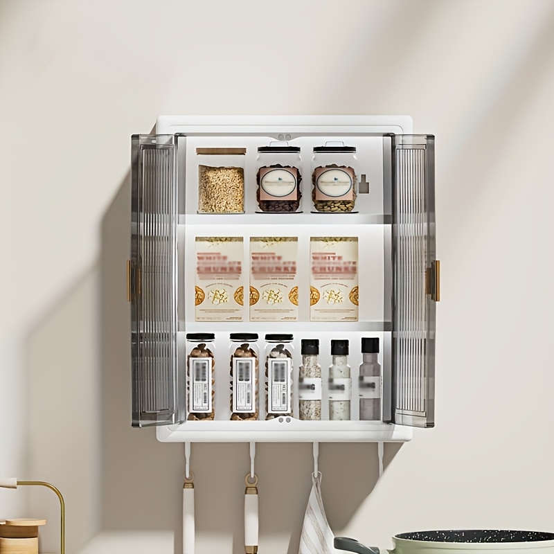 foldable wall mounted storage cabinet no drill plastic organizer with clear doors for bathroom kitchen dustproof waterproof display shelf for cosmetics and essentials spice rack foldable design durable organizer bathroom organizers and storage shelves Product details 5