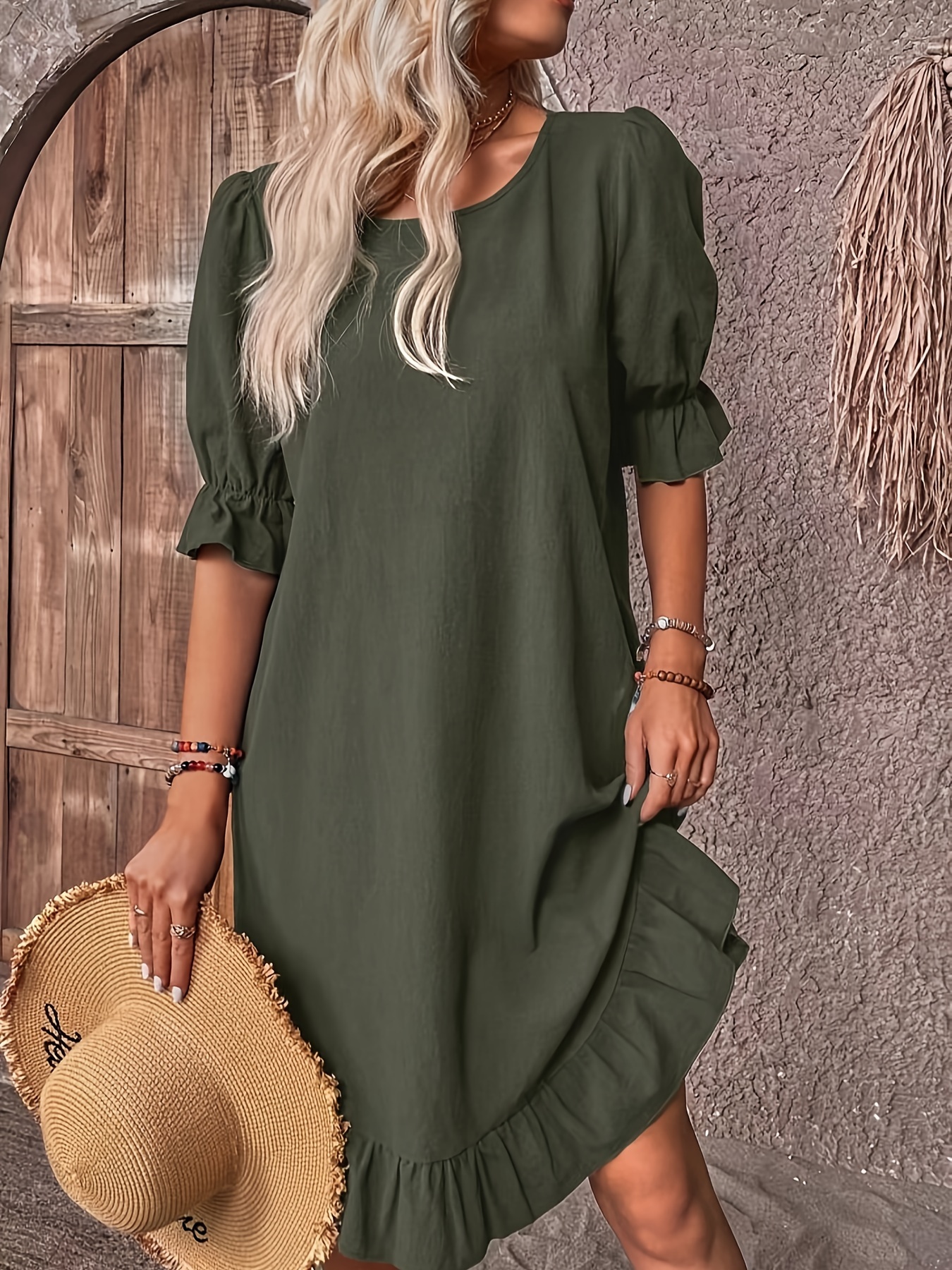 solid color half sleeve dress casual crew neck dress for spring womens clothing olive green 0