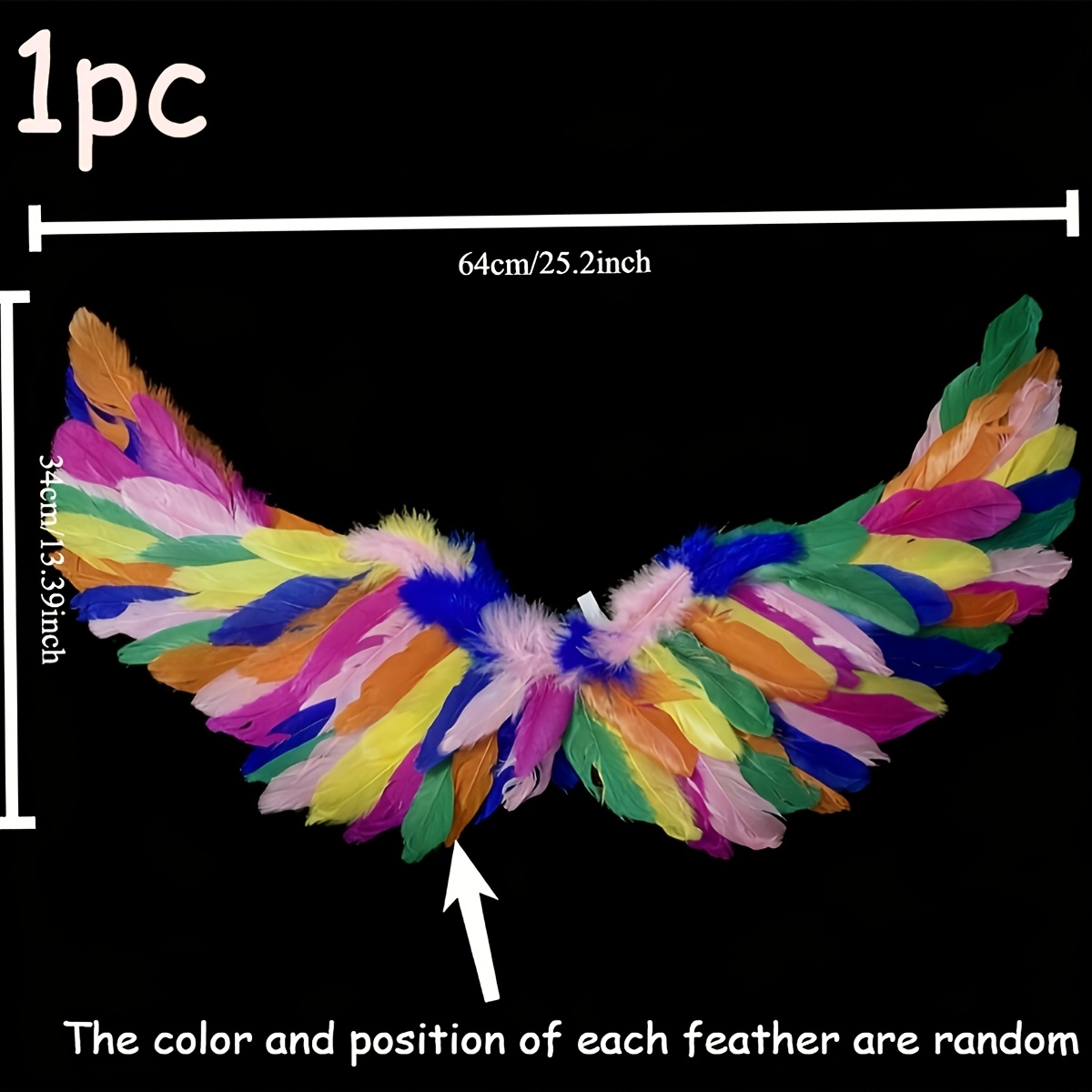 Image of 1pc Artificial Feather Wings Rainbow Style Suitable For Carnival Themed Holiday Role-playing Costumes, Photo Props Random Color