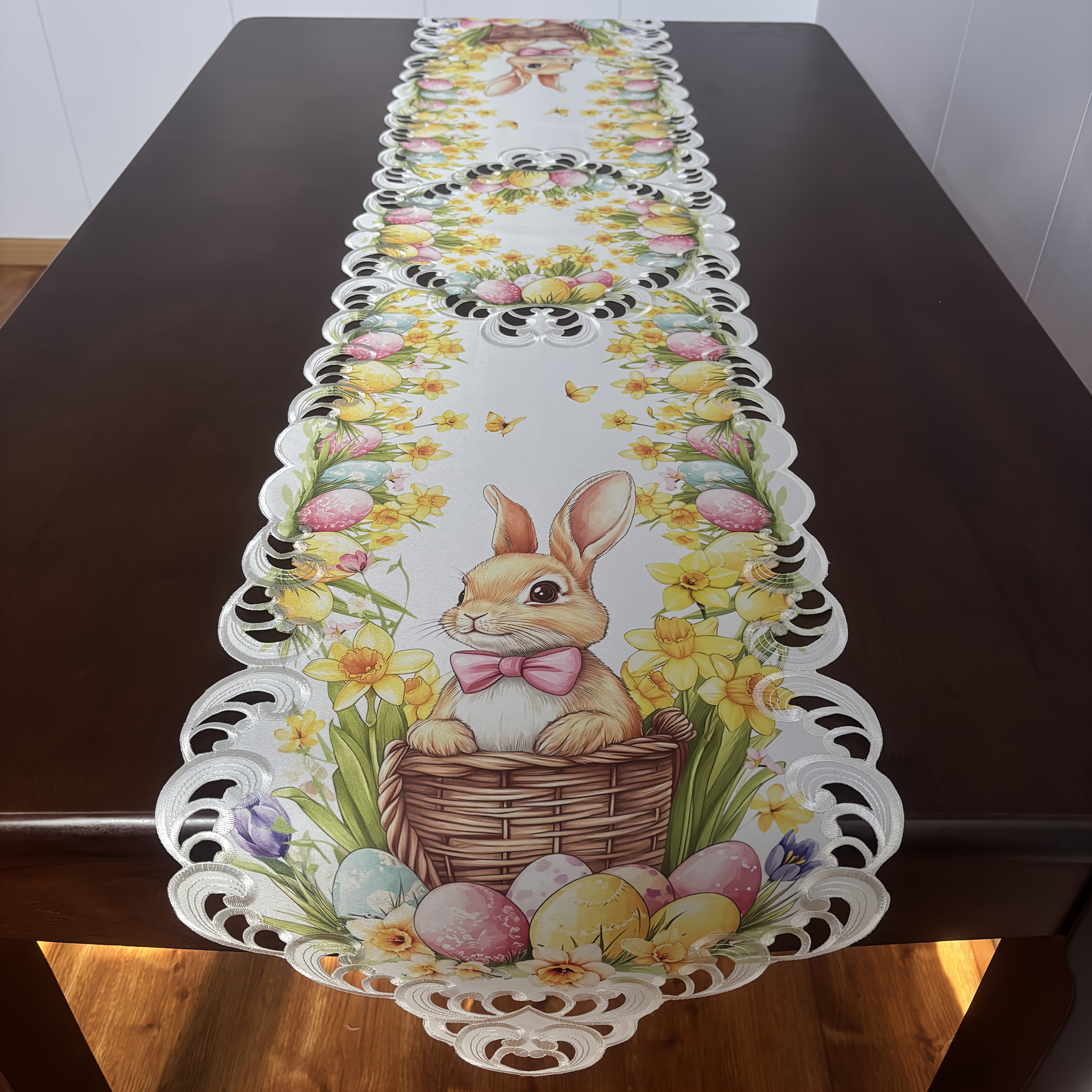 Spring Easter Flower Rabbit Table Runner Embroidered Hollow Tablecloth Tulip Rabbit Tablecloth Suitable For Family Dinner And Holiday Table Decoration