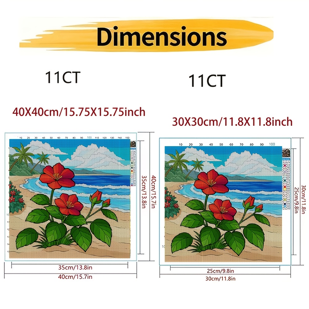 Frameless Cross Stitch Printed Kit, Beach Red Flower Landscape Design