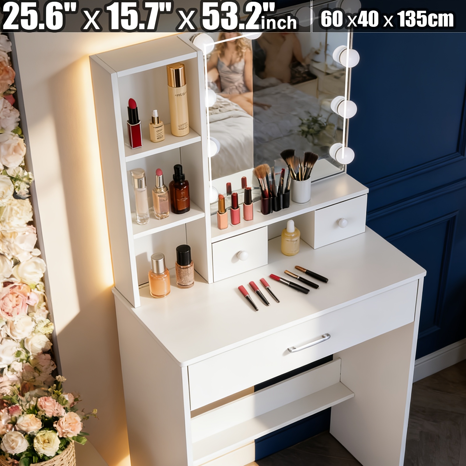 White Vanity Dressing Table Makeup Desk Led Mirror 1 Drawers Bedroom Furniture - Modern Dressing Table Led Make Up Mirror Vanity Desk Cabinet 10 Bulbs