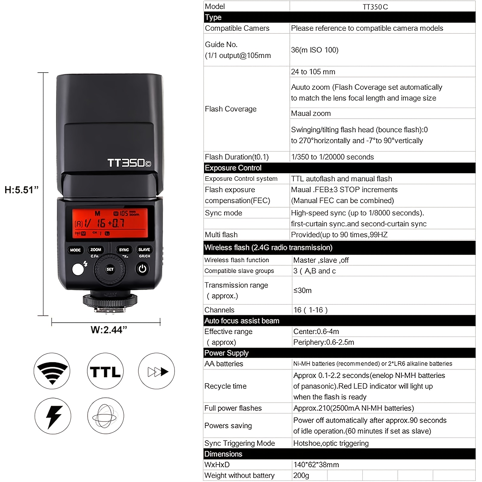  tt350c ttl flash (versione ), wireless gn36 2.4g, tempo di ricarica di 1.5 secondi, sincronizzazione ad velocità di 1/8000 di secondo, regolazione della potenza a 14 , per riprese di matrimoni/ /vlog Dettagli dell'articolo 7