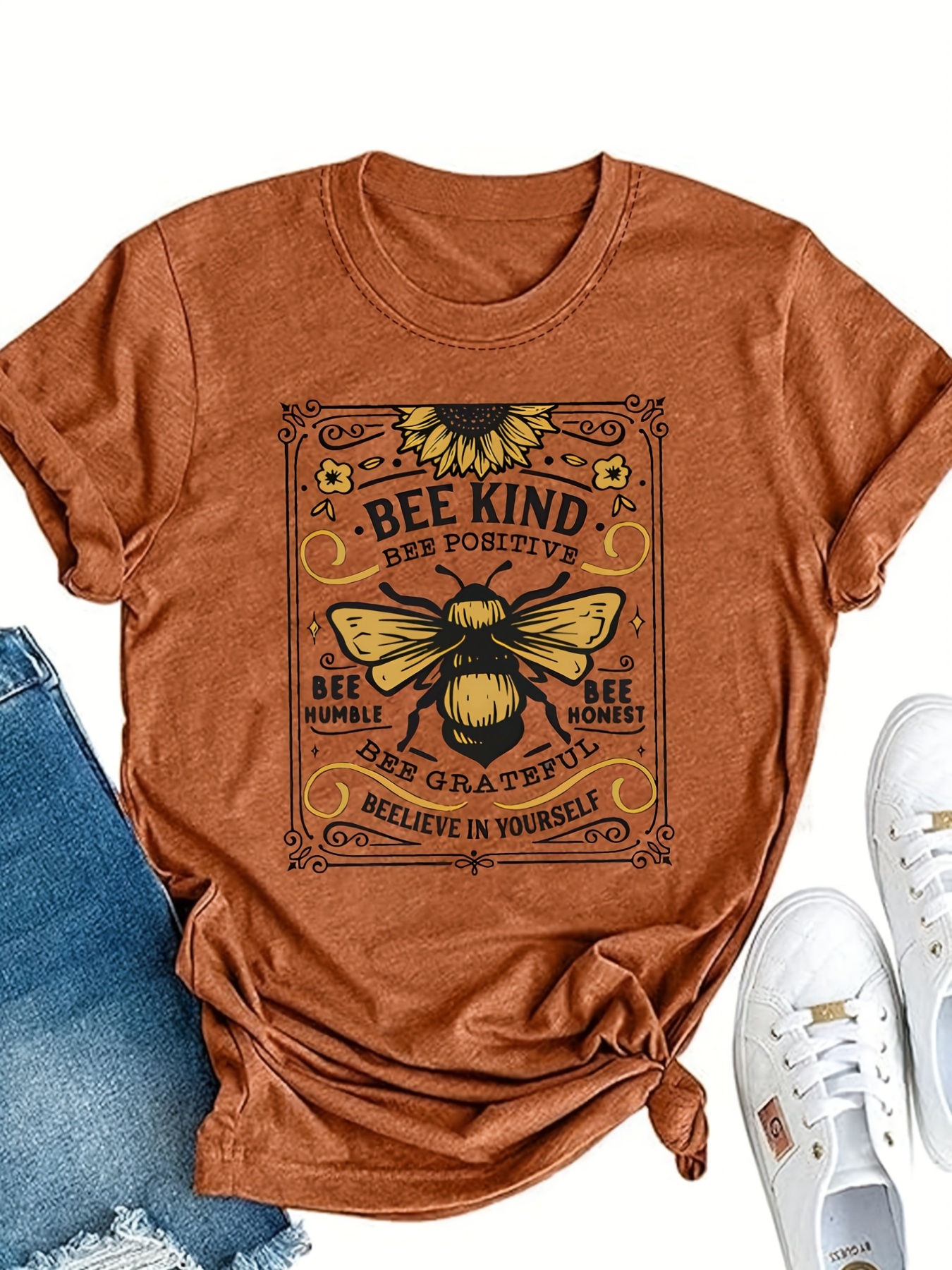 womens   bee   print t shirt short sleeve casual round neck top with   honeycomb design brown   motif for spring summer fall machine washable casual attire beekeeper inspired apparel